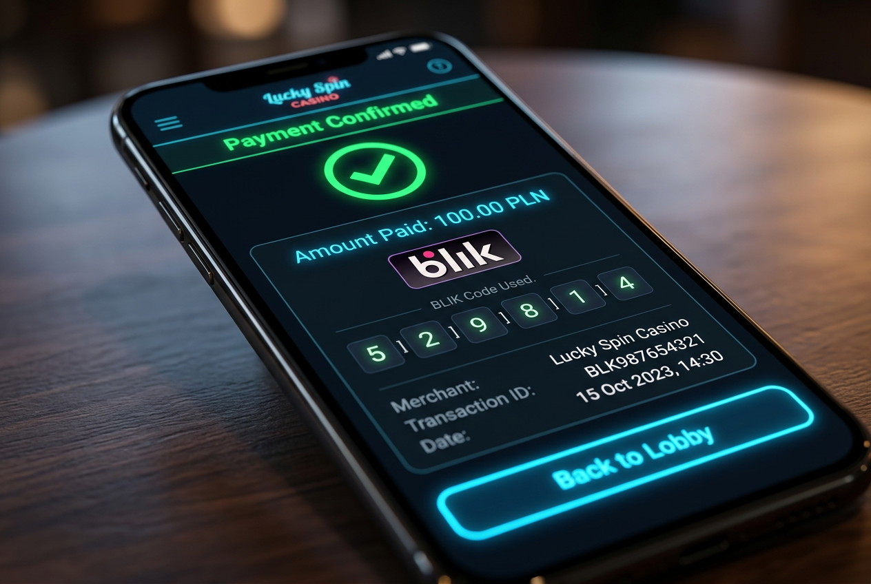 Smartfon wyświetlający potwierdzenie transakcji BLIK w aplikacji mobilnej kasyna online