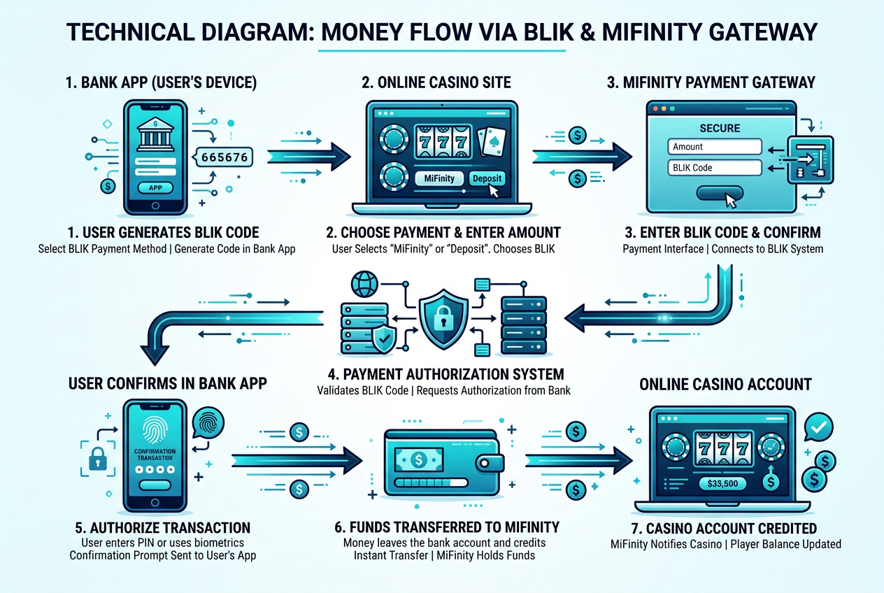 Diagram techniczny przepływu płatności BLIK w kasynie online przez bramkę MiFinity