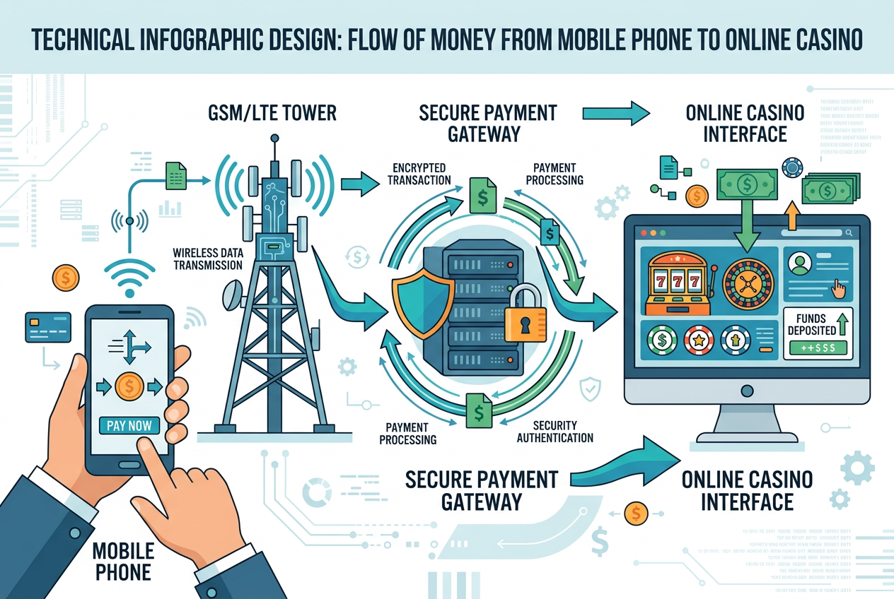 Infografika techniczna przedstawiająca cykl płatności SMS w kasynie online