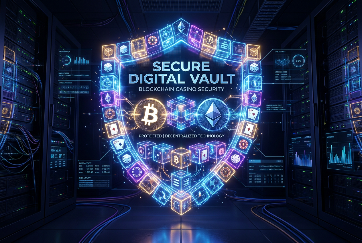 Futuristic digital vault shield representing blockchain security in online casinos