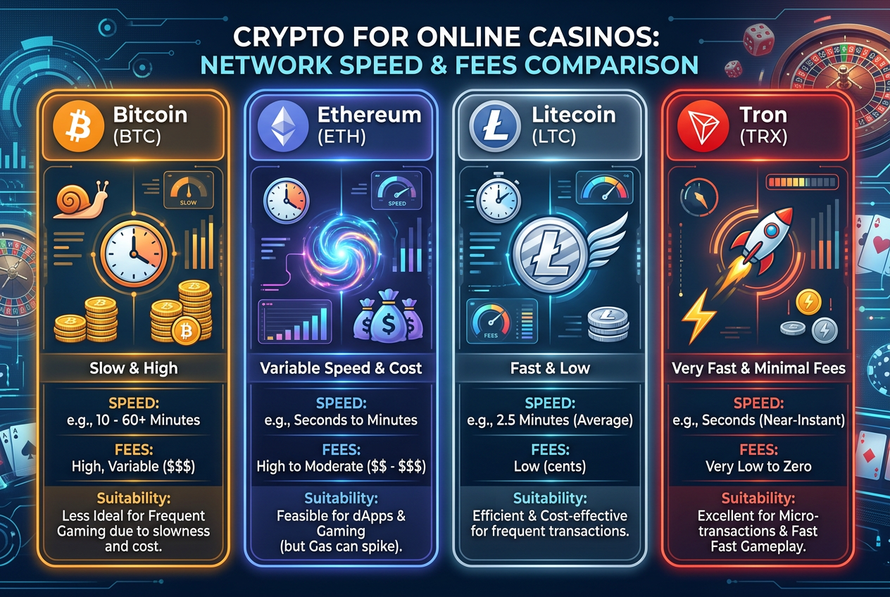 Infographic comparing Bitcoin, Ethereum, Litecoin, and Tron network speeds and transaction fees