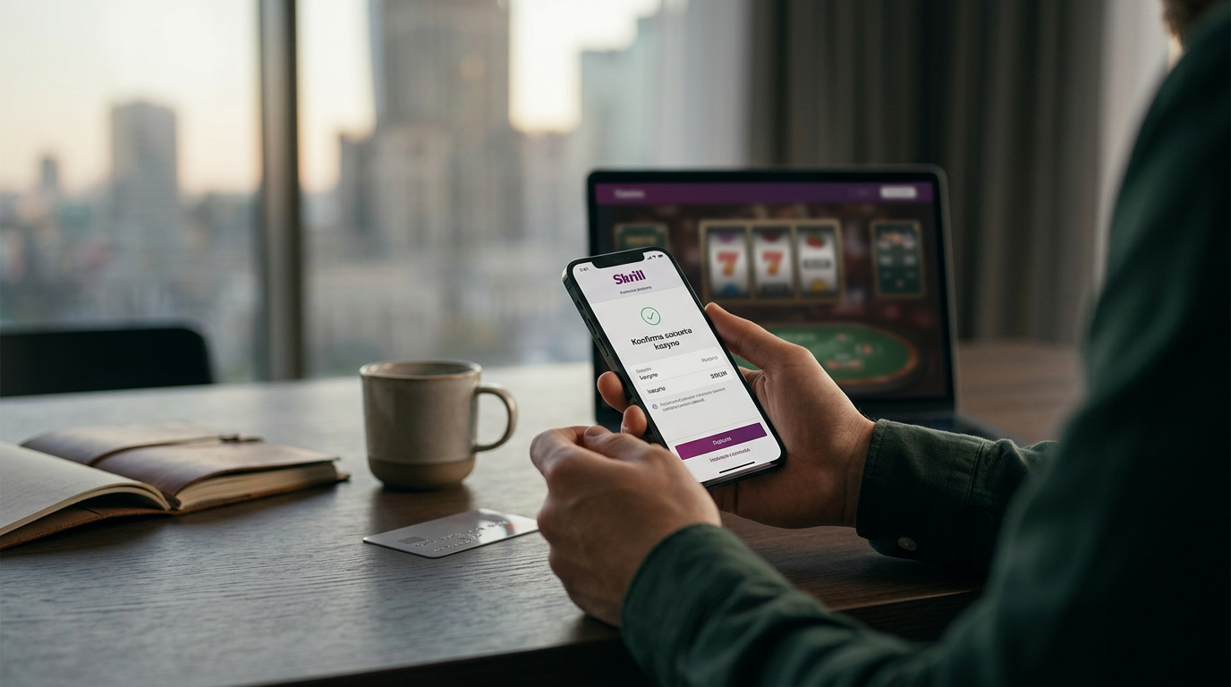 Smartfon z logo Skrill na luksusowym biurku w kontekście płatności w kasynie online.