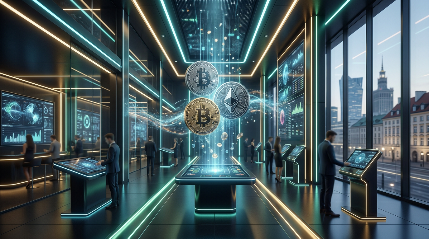 Futuristic digital crypto casino with floating coins and blockchain data screens