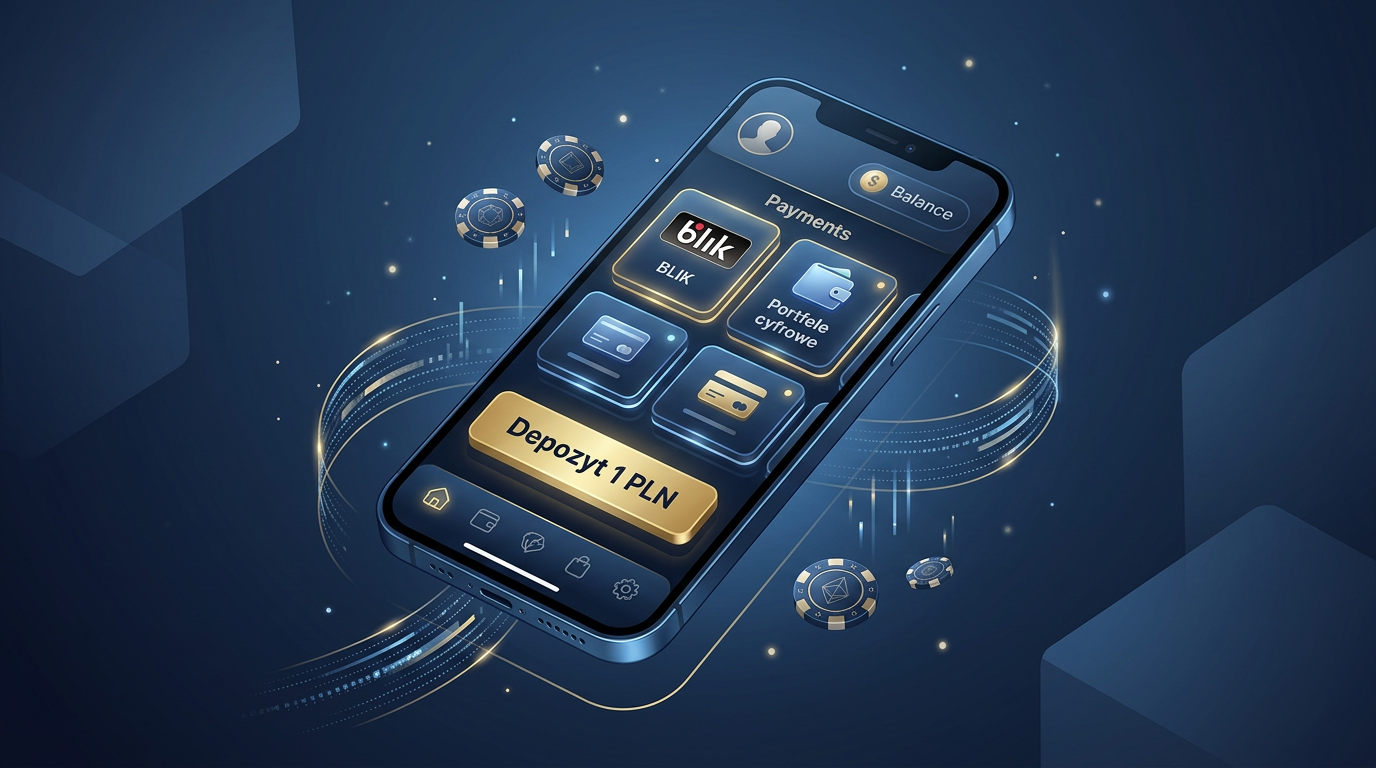 Smartfon wyświetlający opcję depozytu 1 PLN w kasynie online na tle nowoczesnych elementów finansowych