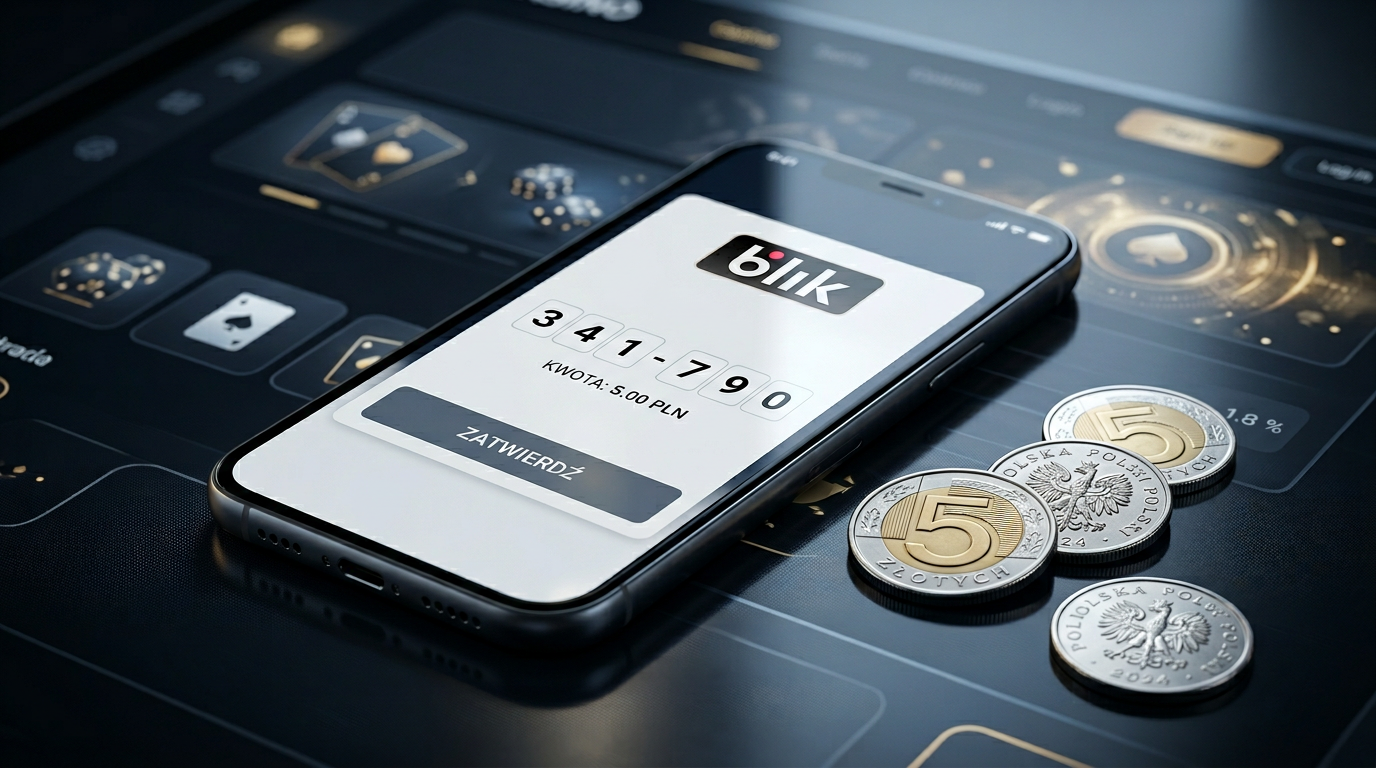 Smartfon z kodem BLIK i polskie monety 5 zł na tle interfejsu kasyna.