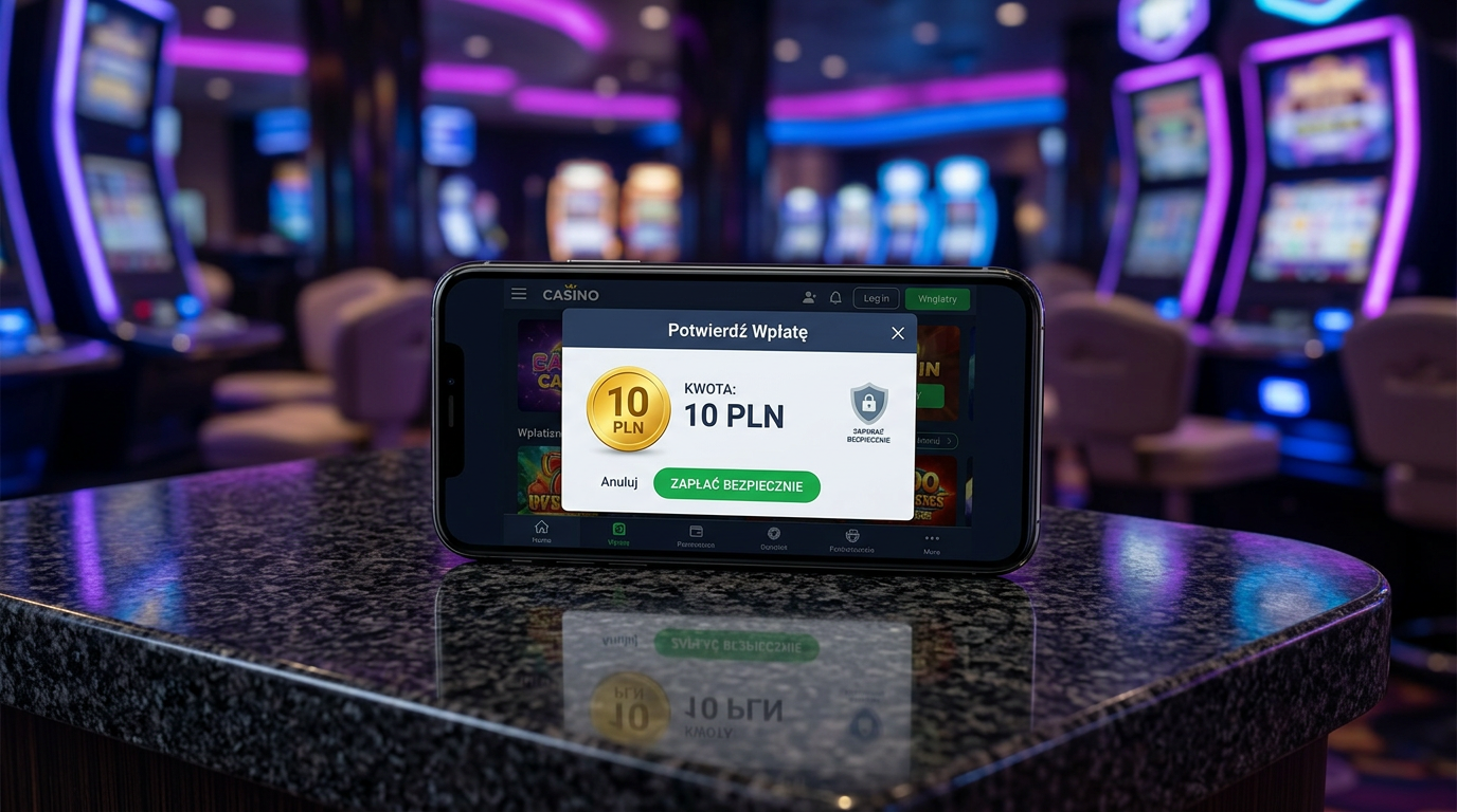 Smartfon z aplikacją kasynową wyświetlający depozyt 10 PLN BLIK na nowoczesnym tle