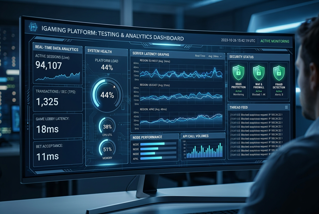 Digital dashboard showing server latency and payment processing analytics for casino platforms