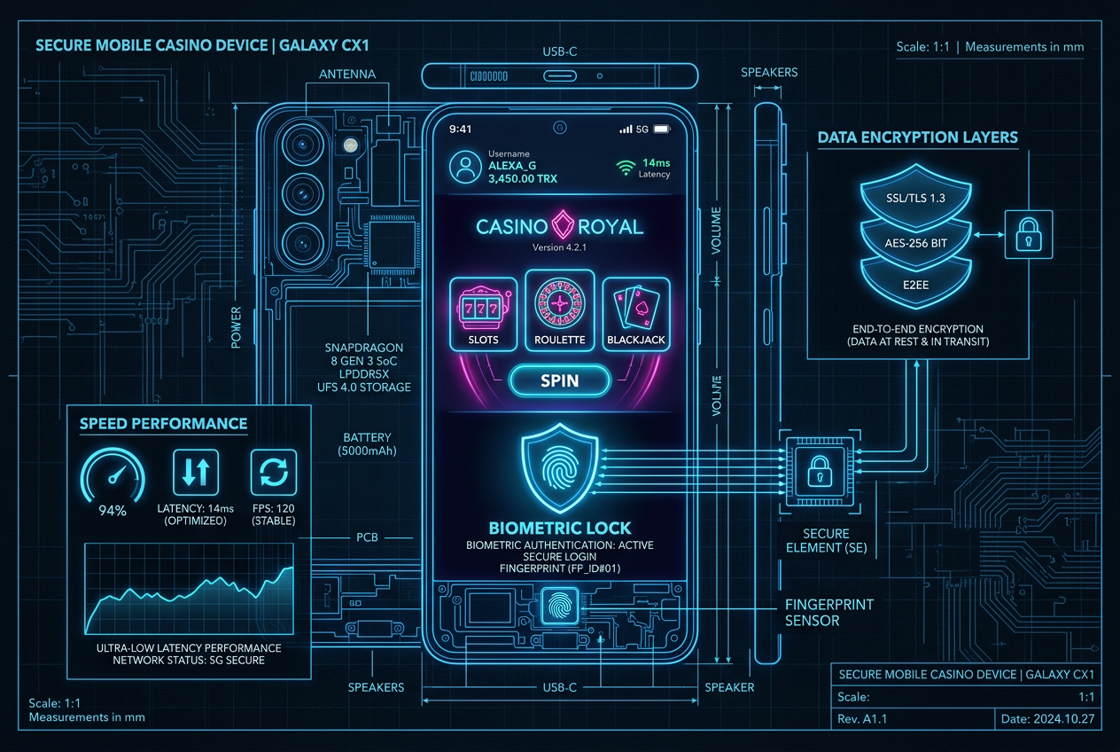 Schemat techniczny architektury aplikacji kasynowej z modułami biometrii i bezpieczeństwa
