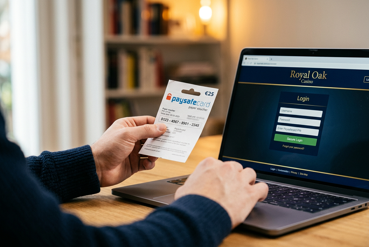 Osoba trzymająca kartę Paysafecard przed ekranem komputera z widocznym panelem płatności w kasynie online