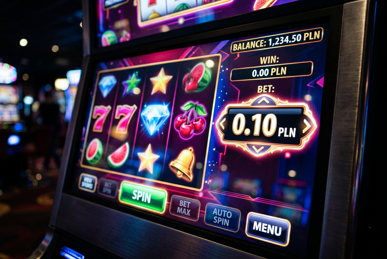 Widok automatu typu Penny Slot z ustawioną minimalną stawką 0.10 PLN