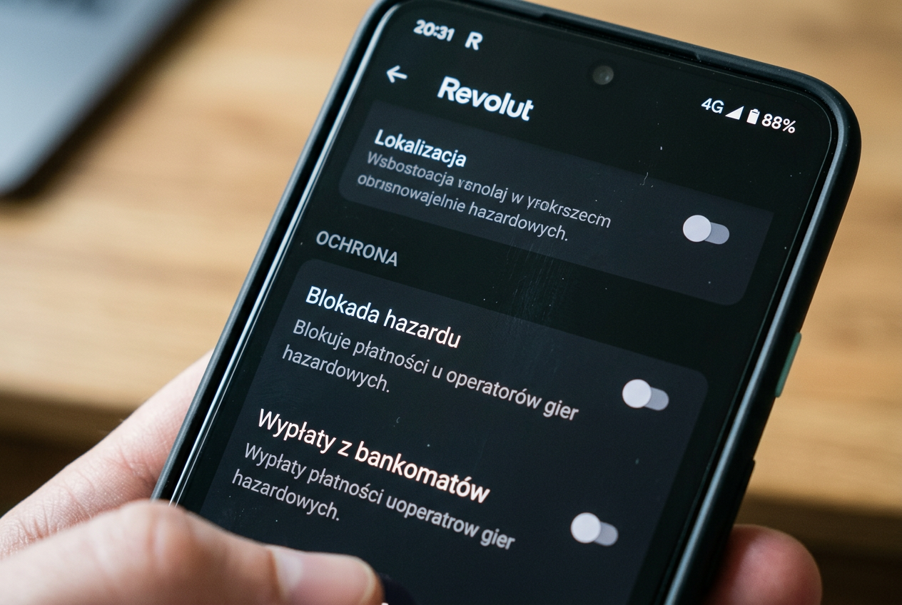 Ustawienia blokady hazardu w aplikacji Revolut