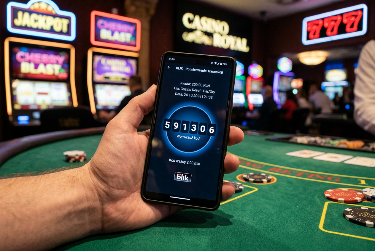 Smartphone displaying a secure BLIK payment screen with a 6-digit code for a casino deposit