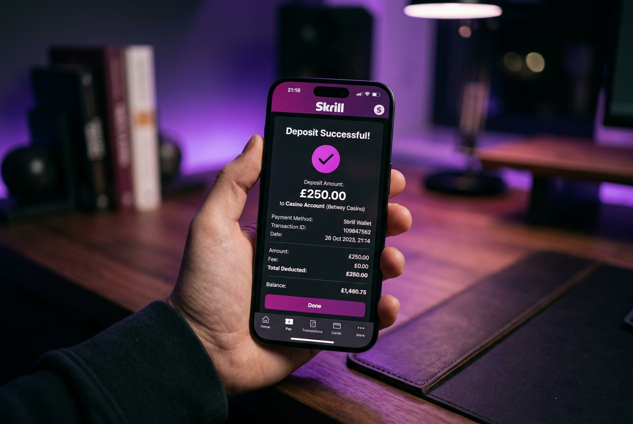 Interfejs aplikacji mobilnej Skrill 2026 na smartfonie z potwierdzeniem depozytu