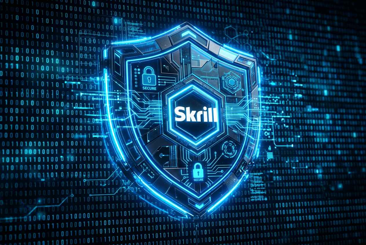 Cyberbezpieczeństwo i logo Skrill z tarczą ochronną